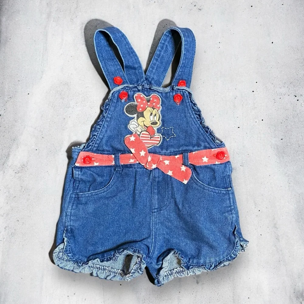 y2k Disney Minnie Mouse Denim Ruffled Belted Short Overalls Size 3T - Picture 1 of 6